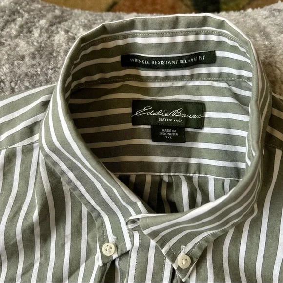 Eddie Bauer Dress Shirt Button Relaxed Fit Wrinkle FREE Green White Men TXL - Picture 3 of 6